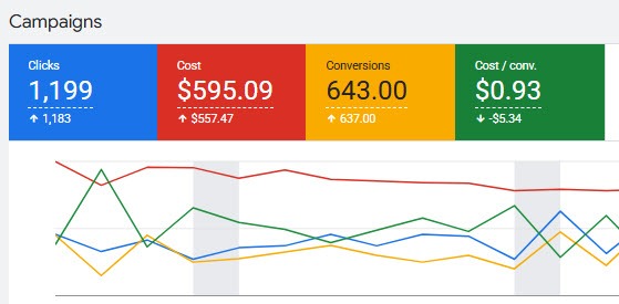 Google Ads campaigns dashboard showing clicks, cost, conversions, and cost per conversion.